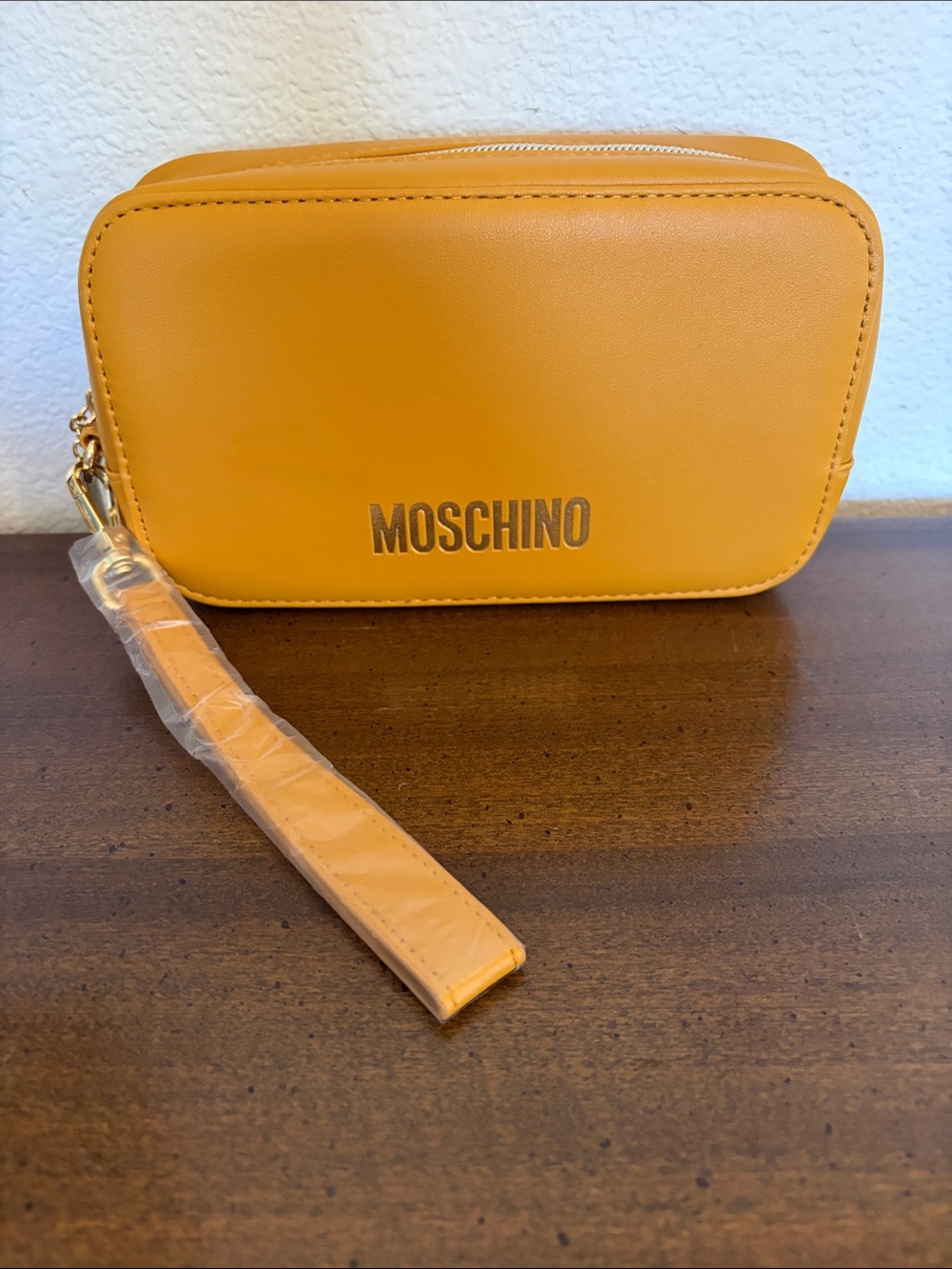 Moschino China Airlines Yellow Faux Leather Wristlet Clutch Toiletry Bag